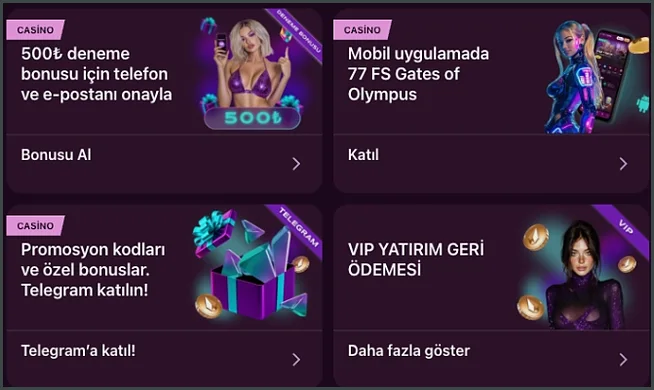 Dört kampanya kartı yan yana: 500₺ deneme bonusu, mobil uygulamada Gates of Olympus için 77 FS, Telegram promosyon kodları ve VIP geri ödeme