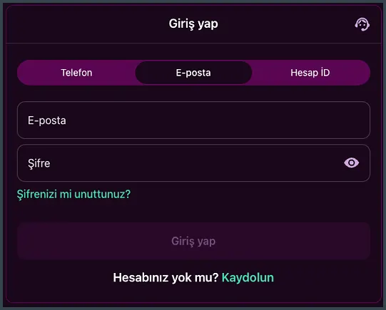 E-posta sekmesi seçili Giriş yap formunda Şifre alanı, soluk Giriş yap düğmesi ve 'Hesabınız yok mu? Kaydolun' satırı