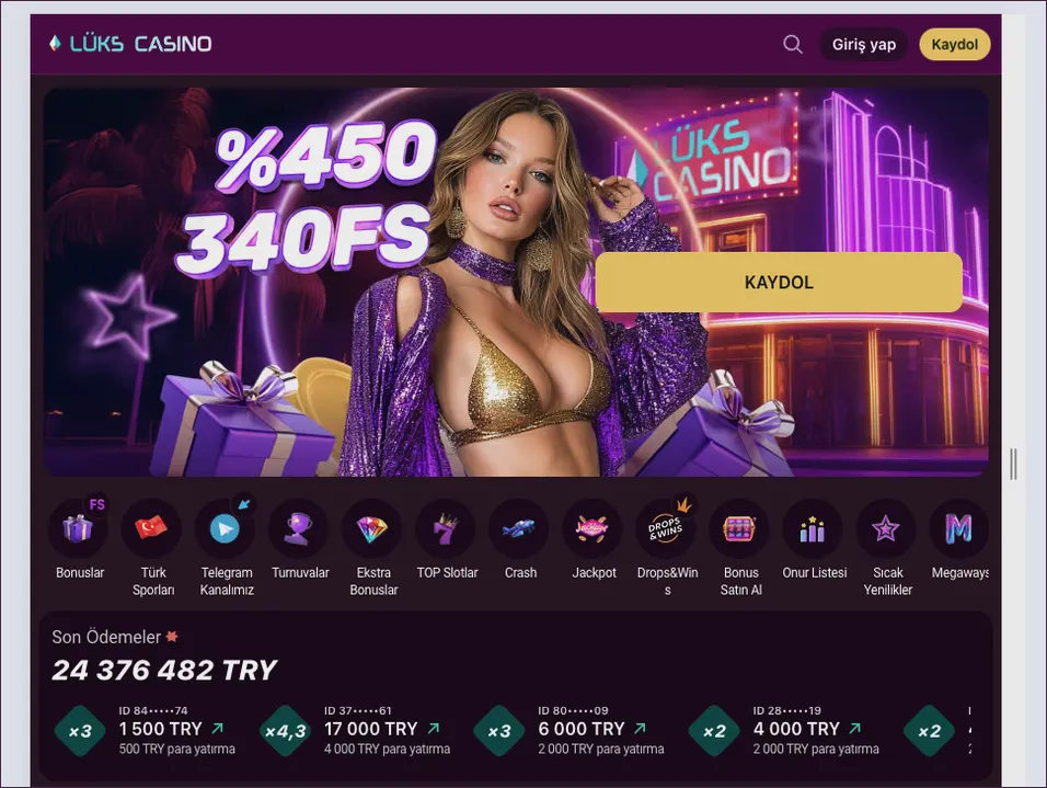 Afiş ve son ödemeler Geniş ana sayfada %450 340FS afişi, kısayol sırası ve 24 376 482 TRY toplamlı Son Ödemeler paneli yer alıyor