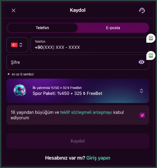 Türk bayraklı ülke seçici, +90(XXX) XXX - XXXX numara alanı, Spor Paketi satırı ve kayıt düğmesi yakın planda görünüyor