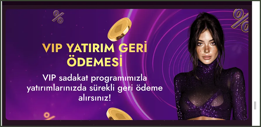 VIP geri ödeme afişi Koyu çerçeveli, altın paralar ve yüzde simgeleriyle süslenmiş VIP YATIRIM GERİ ÖDEMESİ afişi; sağ kenarda kaydırma çubuğu var