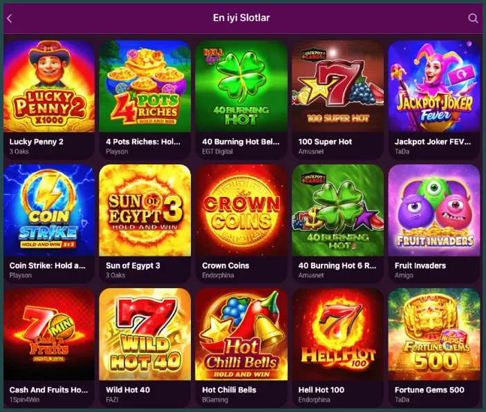 En iyi Slotlar'ın üç satırında alt sırada Cash And Fruits, Wild Hot 40, Hot Chilli Bells, Hell Hot 100 ve Fortune Gems 500 duruyor