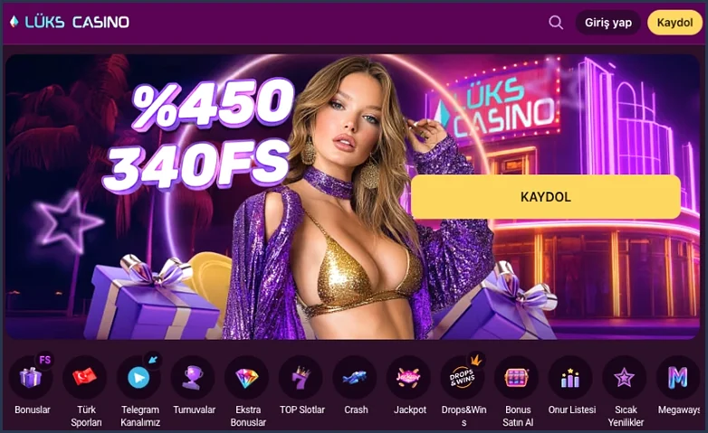 Ana sayfa üst bölümü Lux Casino ana sayfasının üst bölümünde logo, Giriş yap ve Kaydol düğmeleri ile Bonuslar, Türk Sporları ve Telegram kısayolları görünüyor