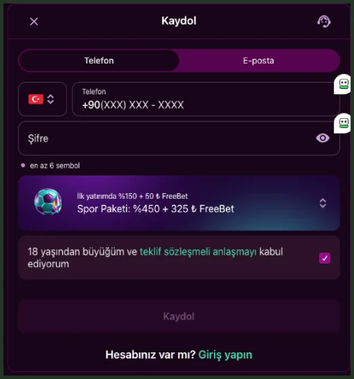 Spor Paketi: %450 + 325 ₺ FreeBet seçili; 'İlk yatırımda %150 + 50 ₺ FreeBet' satırı ve işaretli şartlar kutusu görülüyor