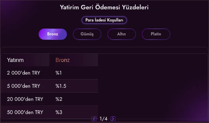 Geri ödeme oran tablosu Yatırım Geri Ödemesi Yüzdeleri tablosunun yakın planında Yatırım ve Bronz sütunları, %1 ile %3 arası oranlar ve 1/4 sayfa okları görünüyor