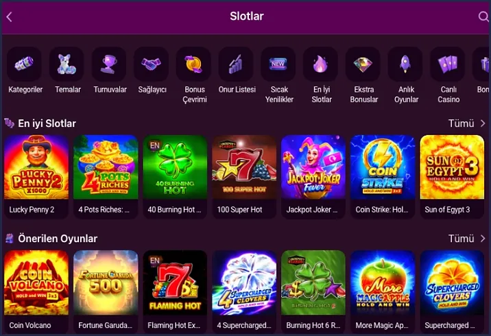 Slotlar sayfasında Kategoriler, Temalar, Turnuvalar, Sağlayıcı ve Bonus Çevrimi simgeleri üstte, En iyi Slotlar ile Önerilen Oyunlar satırları altta