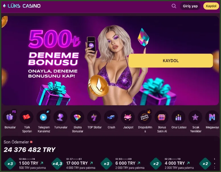 Deneme bonusu afişi 500₺ DENEME BONUSU afişi ve Kaydol düğmesinin hemen altında 24 376 482 TRY toplam gösteren Son Ödemeler bölümü