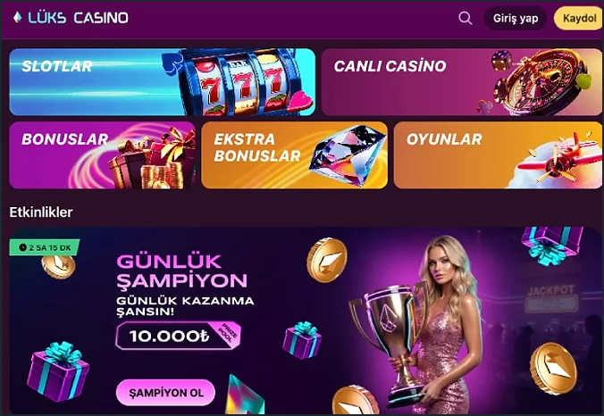 Menü kutucukları Menü kutucukları SLOTLAR, CANLI CASİNO, BONUSLAR, EKSTRA BONUSLAR ve OYUNLAR; altta GÜNLÜK ŞAMPİYON etkinliği ve ŞAMPİYON OL düğmesi