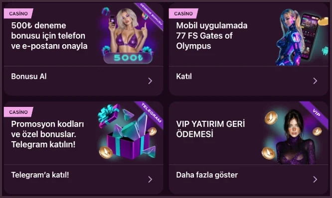 Alt sıradaki kampanya kartlarında 'Promosyon kodları ve özel bonuslar. Telegram katılın!' yazılı Telegram kartı ve VIP YATIRIM GERİ ÖDEMESİ kartı