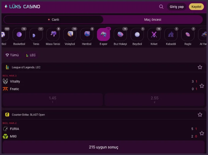 E-spor maç listesi Spor bölümünde E-spor seçili; League of Legends LEC Vitality - Fnatic 1.45 ve 2.55 oranlarıyla, altında '215 uygun sonuç' düğmesi