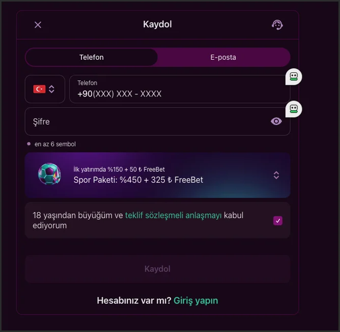 Koyu kenar boşluklu geniş kesitte kayıt formunun Telefon alanı, Şifre girişi ve futbol simgeli Spor Paketi seçici