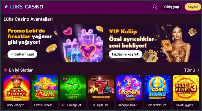 Avantajlar bölümü Lux Casino Avantajları bölümünde Promo Lobi ve VIP Kulüp afişleri, altında en iyi slotlar sırası bulunuyor