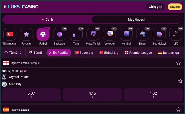 Canlı ve maç öncesi Futbol sekmesinin yakın görüntüsünde Canlı ile Maç öncesi anahtarı, 139, 236 ve 117 sayaçları ve en altta İspanya. LaLiga başlığı